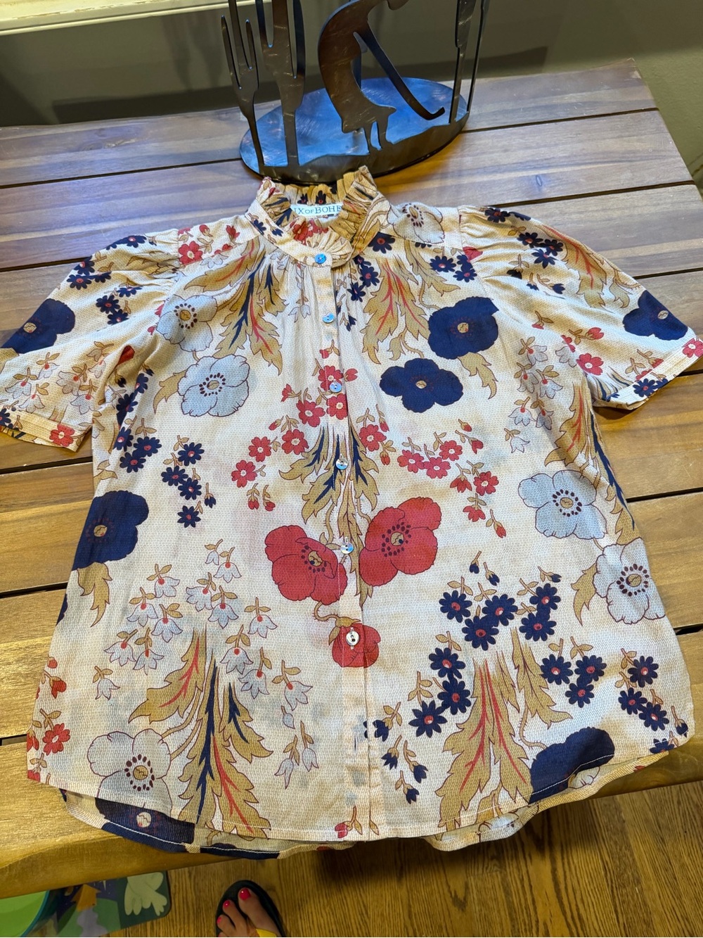Alix Of Bohemia Cream Blouse with Navy & Red Floral Print NWOT